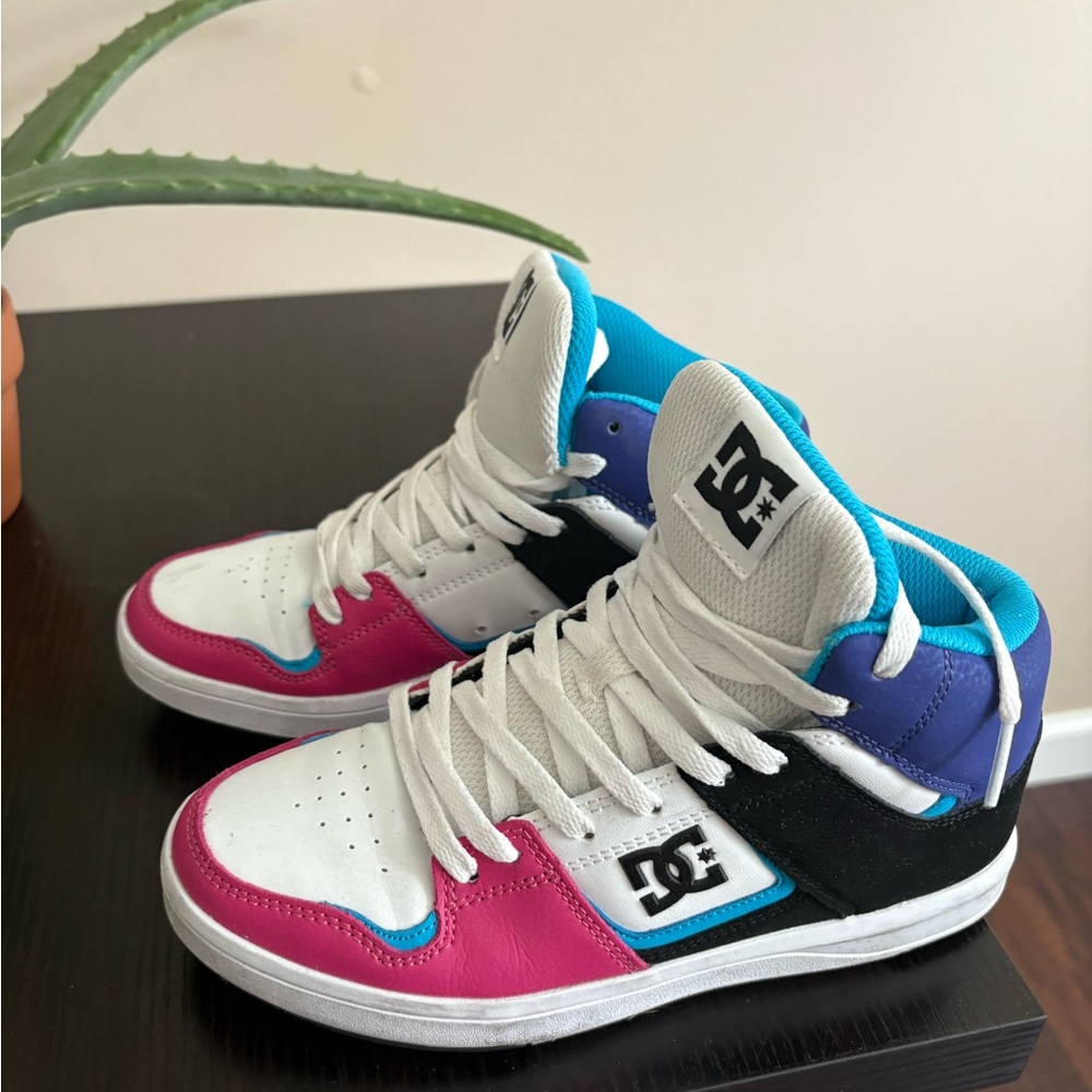 DC High-Top Sneakers in White, Pink & Blue
